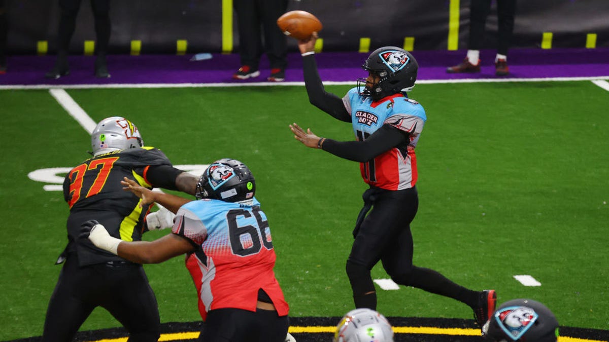 David Pindell #11 of the Glacier Boyz passes against the Zappers during a Fan Controlled Football game at Infinite Energy Arena on February 20, 2021 in Duluth, Georgia. (Photo by Kevin C. Cox/Fan Controlled Football/Getty Images)