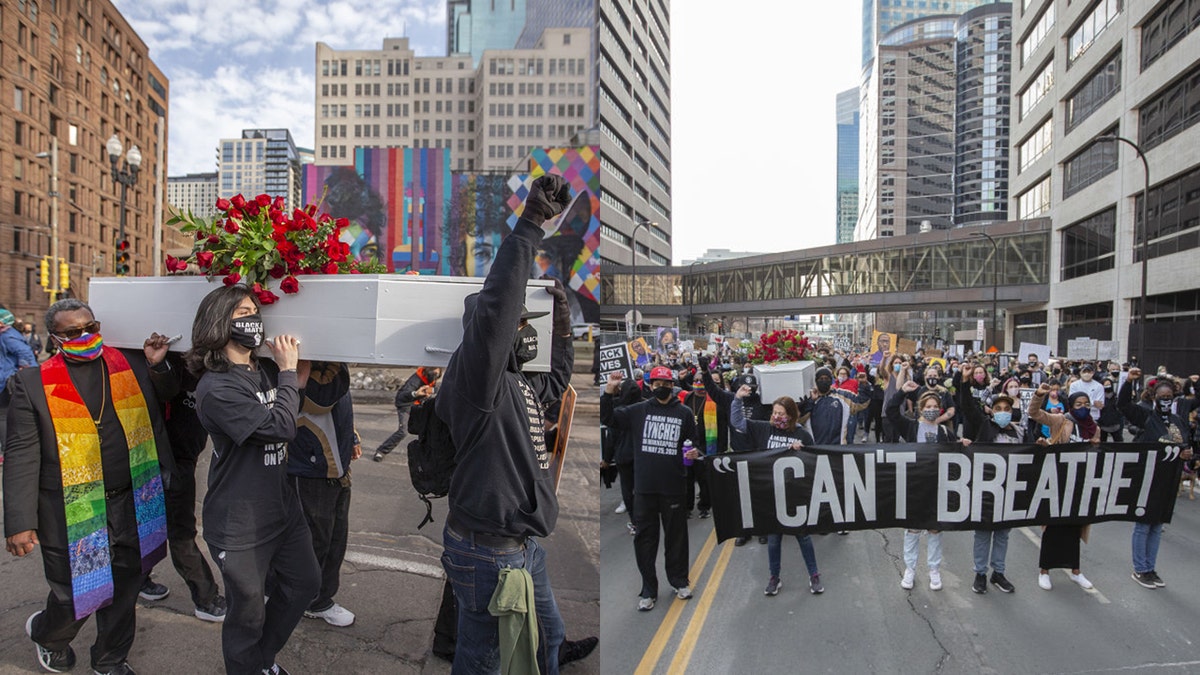 Protesters carry a fake casket during a silent march in memory of George Floyd a day before jury selection for the trial of former Minneapolis police offices Derek Chauvin begins in Minneapolis, Minnesota, United States on March 7, 2021. George was killed by former police officer Derek Chauvin in 2020. 