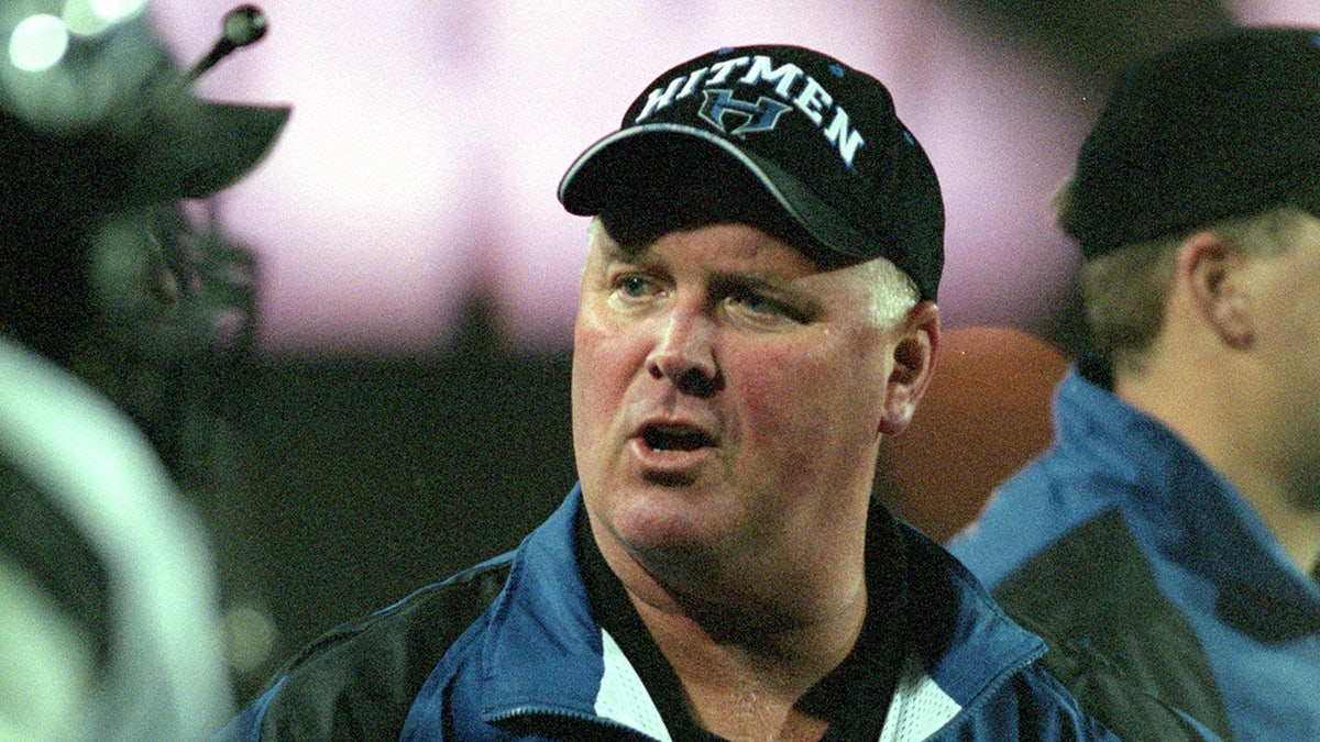 Head Coach Rusty Tillman of the New York/New Jersey Hitmen discusses a play during the game against the Las Vegas Outlaws at the Sam Boyd Stadium in Las Vegas, Nevada. The Outlaws defeated the Hitmen 19-0. (Todd Warshaw /Allsport)