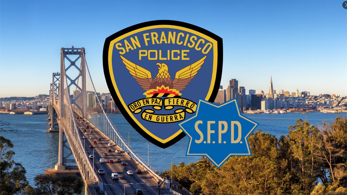 Photo shows the logo of the San Francisco Police Department over a photo depicting the city, including the bridge