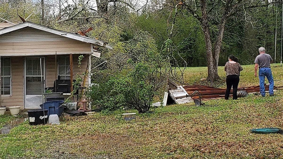 Local residents suspect the roof of this home along Cotten Lane in the Woolworth community in northeast Lincoln County, Miss., might have been destroyed by a tornado Wednesday, March 17, 2021. Forecasters believe more severe weather is expected Wednesday with the potential for massive tornadoes, downpours and hail the size of tennis balls. (Brett Campbell/The Daily Leader)