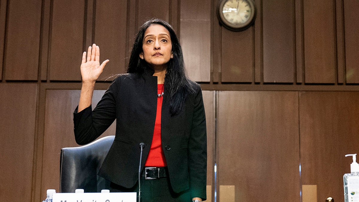 Associate Attorney General Vanita Gupta is sworn in before a hearing of the Senate Judiciary Committee on Capitol Hill, Tuesday, March 9, 2021, in Washington.
