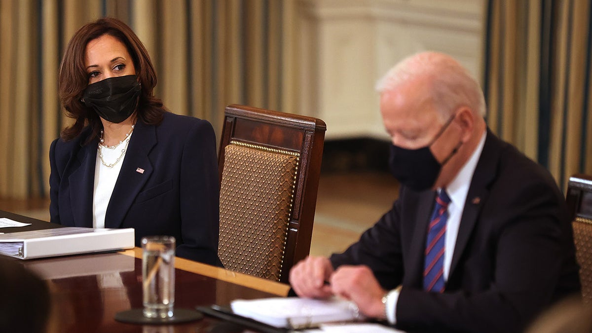 WASHINGTON, DC - U.S. Vice President Kamala Harris and President Joe Biden meet with cabinet members and immigration advisors in the State Dining Room on March 24, 2021, in Washington, DC. With the number of migrants apprehended at the U.S.-Mexico border reaching a two-decade high, Biden announced that Harris will be leading the White House efforts to handle the crisis at the border.