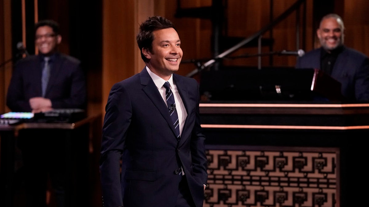 Host Jimmy Fallon delivers the monologue on March 22, 2021, with a small, 58-person audience.