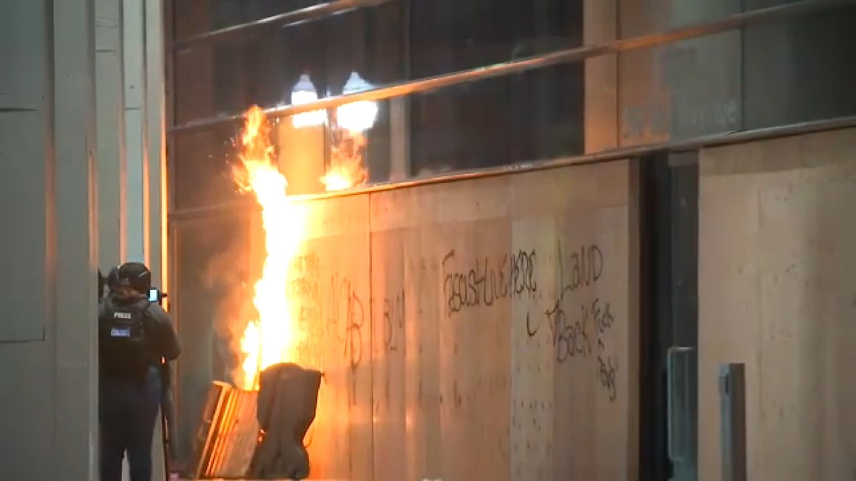 A fire burns in Portland, Ore., on Thursday night. (FOX 12 Oregon)