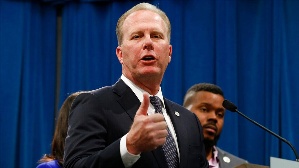 FILE: San Diego Mayor Kevin Faulconer talks during a news conference at the Capitol in Sacramento, Calif. 