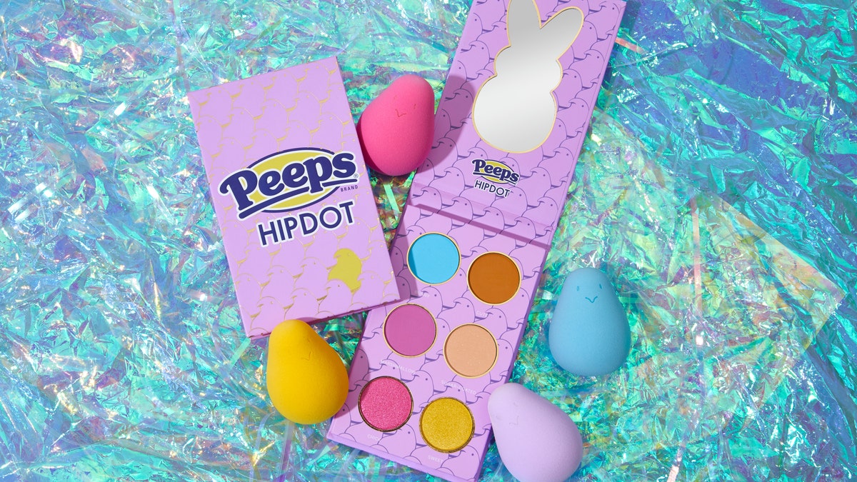 The limited-edition HipDot x Peeps collection includes a six-shade eyeshadow palette and a set of sponges in the shape and colors of Peeps’ marshmallow chicks.