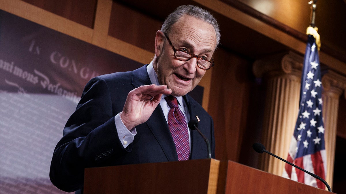 Senate Majority Leader Chuck Schumer, D-N.Y., praises his Democratic Caucus at a news conference just after the Senate narrowly approved a $1.9 trillion COVID-19 relief bill, at the Capitol in Washington, Saturday, March 6, 2021. (AP Photo/J. Scott Applewhite)