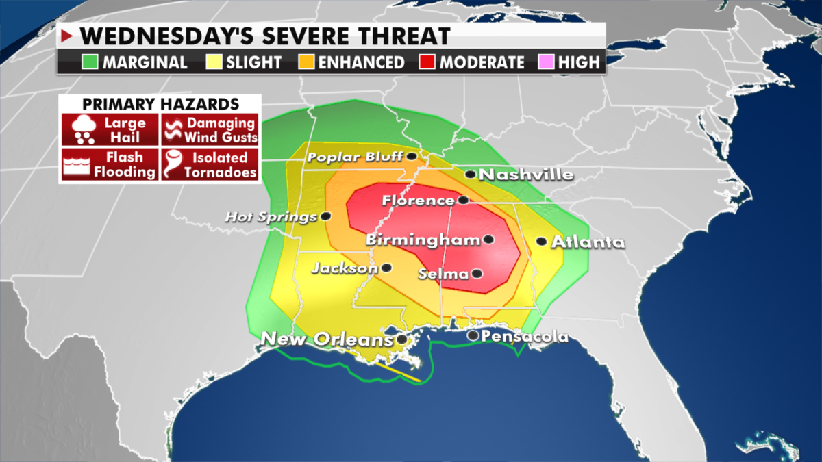 The risk of severe weather in the days ahead. (Fox News)