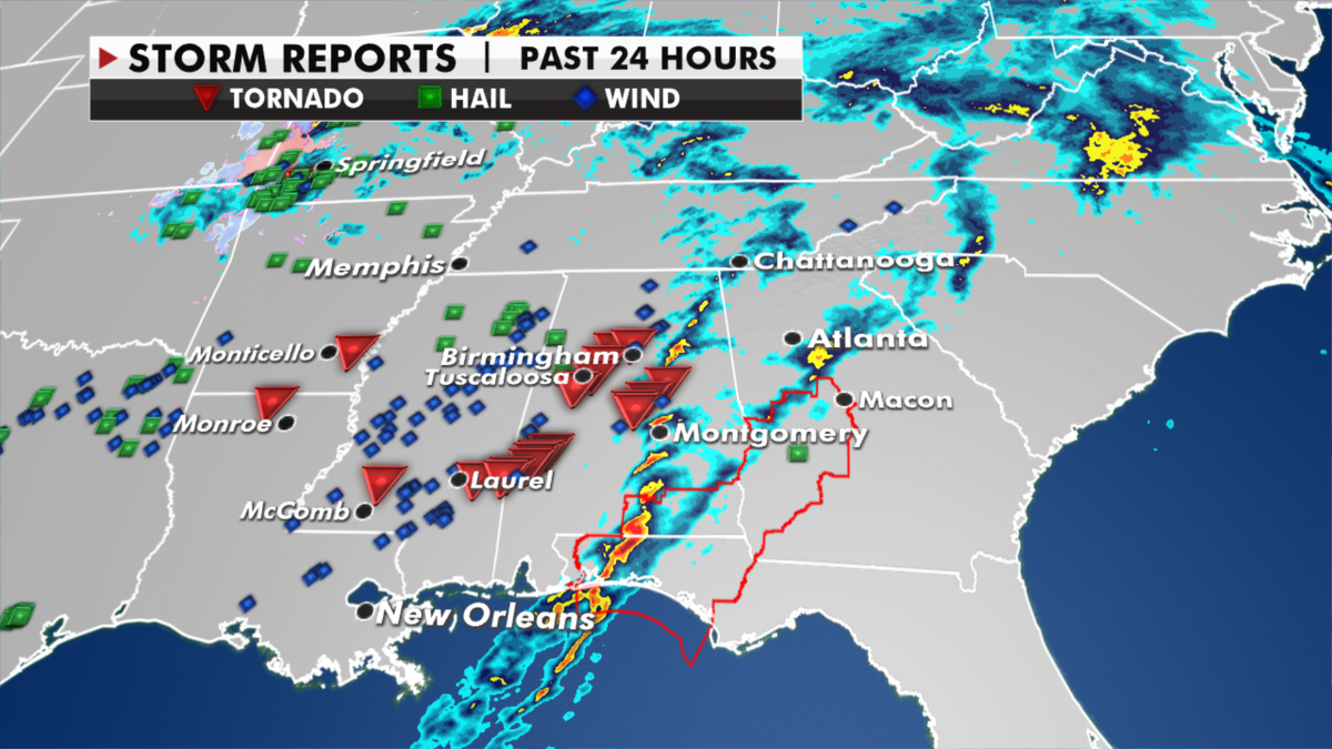 Where tornadoes touched down in the Southeast on Wednesday. (Fox News)