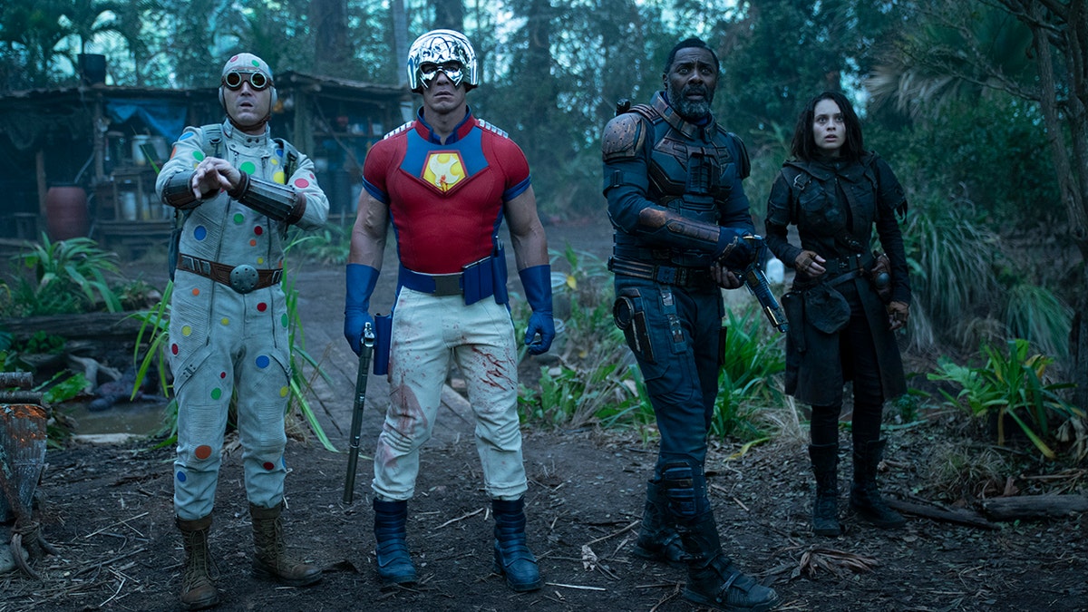 'The Suicide Squad' stars, from left: David Dastmalchian, John Cena, Idris Elba and Mikaela Hoover.