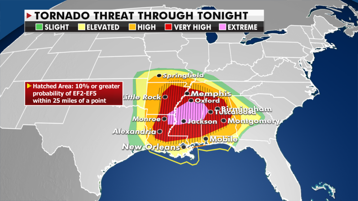 The current tornado threat in the South. (Fox News)