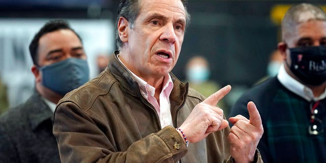 FILE: New York Gov. Andrew Cuomo speaks during a news conference at a COVID-19 vaccination site in the Brooklyn borough of New York.