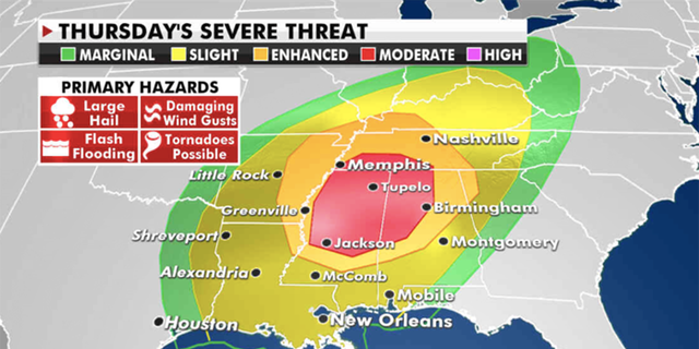 On Thursday, severe storms will break out across the deep south and shift towards the Tennessee Valley. (Fox News)