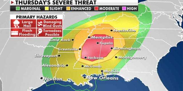 On Thursday, severe storms will break out across the deep south and shift towards the Tennessee Valley. (Fox News)