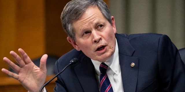 Sen. Steve Daines, R-Mont., speaks during a Senate Finance Committee hearing , on Capitol Hill in Washington, Wednesday, Feb. 24, 2021.