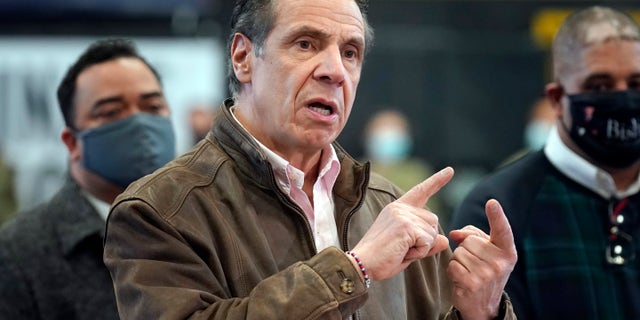 In this Feb. 22, 2021 file photo, New York Gov. Andrew Cuomo speaks during a news conference at a COVID-19 vaccination site in the Brooklyn borough of New York. (AP Photo/Seth Wenig, Pool, File)