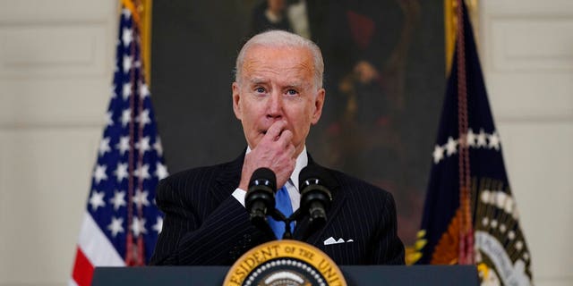 President Joe Biden speaks about efforts to fight COVID-19, in the State Dining Room of the White House, Tuesday, March 2, 2021, in Washington. 