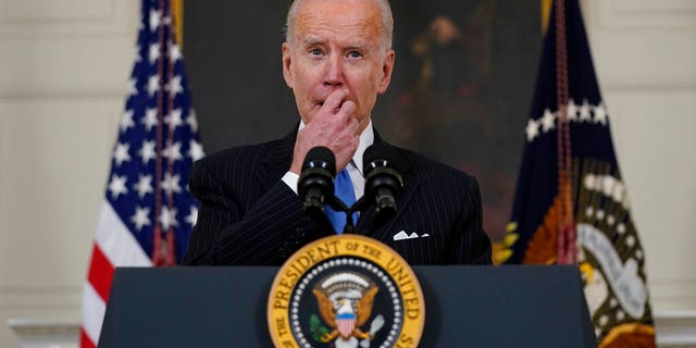 President Joe Biden speaks about efforts to combat COVID-19, in the State Dining Room of the White House, Tuesday, March 2, 2021, in Washington.