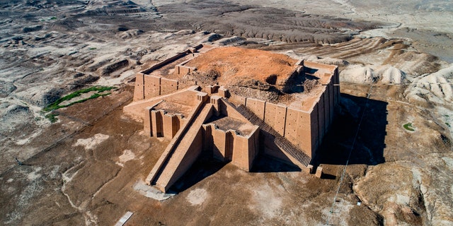 An aerial photo shows archeological site of the 6,000-year-old archaeological site of Ur during the preparations for Pope Francis' visit near Nasiriyah, Iraq, Saturday, March 6, 2021. Pope Francis arrived in Iraq on Friday to urge the country's dwindling number of Christians to stay put and help rebuild the country after years of war and persecution, brushing aside the coronavirus pandemic and security concerns to make his first-ever papal visit. (AP Photo/Nabil al-Jourani)