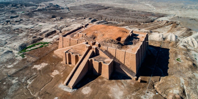 An aerial photo shows archeological site of the 6,000-year-old archaeological site of Ur during the preparations for Pope Francis' visit near Nasiriyah, Iraq, Saturday, March 6, 2021. Pope Francis arrived in Iraq on Friday to urge the country's dwindling number of Christians to stay put and help rebuild the country after years of war and persecution, brushing aside the coronavirus pandemic and security concerns to make his first-ever papal visit. (AP Photo/Nabil al-Jourani)
