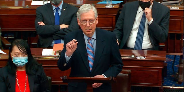 In this image from video, Senate Minority Leader Mitch McConnell of Kentucky speaks before the final vote on the Senate version of the COVID-19 relief bill in the Senate at the U.S. Capitol in Washington, Saturday, March 6, 2021. (Senate Television via AP)