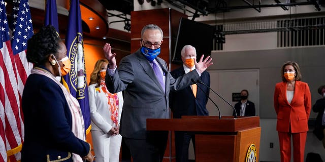Senate Majority Leader Chuck Schumer, D-N.Y., speaks at a news conference on passage of gun violence prevention legislation, at the Capitol in Washington, Thursday, March 11, 2021.