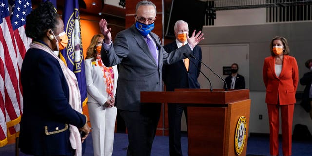Senate Majority Leader Chuck Schumer, DN.Y., speaks during a press conference on the passage of a law on the prevention of gun violence, on the Capitol in Washington, Thursday 11 March 2021.