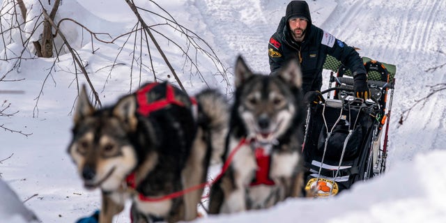 Richie Diehl mushes up the first part of the Happy River Steps on Sunday, March 14, 2021 during the Iditarod, in Alaska. The steps are normally a tricky downhill part of the race, but this year mushers are also doing it in reverse. (Loren Holmes/Anchorage Daily News via AP, Pool)