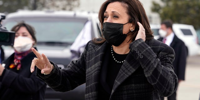 Vice President Kamala Harris listens to a question from the press before she boards Air Force Two in Denver, Tuesday March 16, 2021, to return to Washington. (AP Photo/Jacquelyn Martin)