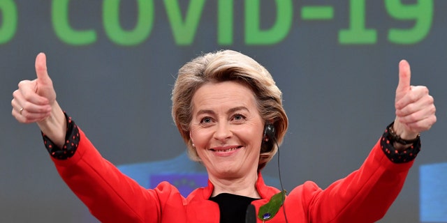 European Commission President Ursula von der Leyen gestures after participating in a media conference on the Commissions response to the coronavirus on March 17, 2021. (John Thys, Pool via AP)