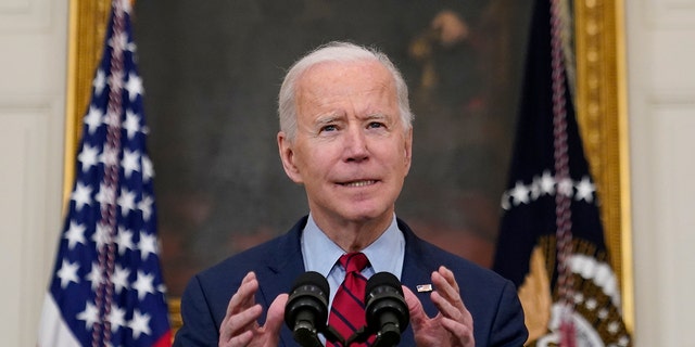 President Joe Biden speaks about the shooting in Boulder, Colorado, Tuesday, March 23, 2021, in the State Dining Room of the White House in Washington. (AP Photo/Patrick Semansky)
