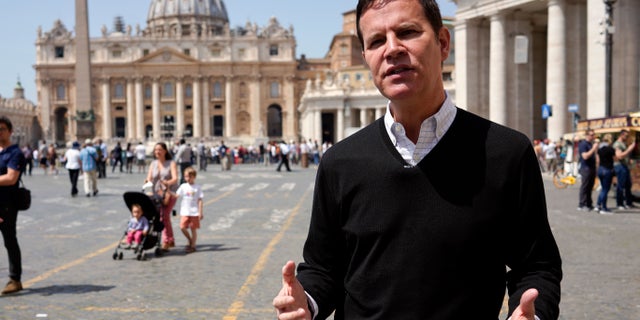 In this April 24, 2018 file photo, clergy sex abuse survivor and victim's advocate Juan Carlos Cruz, from Chile, is interviewed by The Associated Press, outside the Vatican's St. Peter's Square, in Rome. (AP Photo/Andrew Medichini, file)