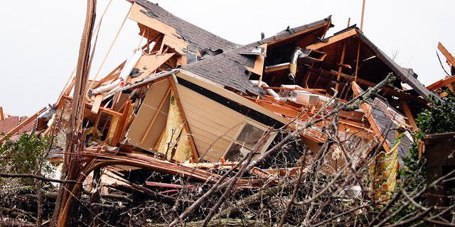 A house is totally destroyed after a tornado touched down south of Birmingham, Ala., March 25, 2021. (Associated Press)