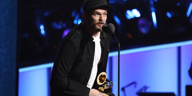 Steve Johnson of Alabama Shakes accepts the best American roots performance for "Killer Diller Blues" at the 60th annual Grammy Awards at Madison Square Garden in New York, Jan. 28, 2018. (Associated Press)