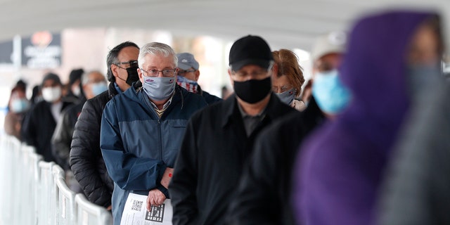 People wait in line at the check-in area to enter the United Center mass COVID-19 vaccination site Wednesday, March 10, 2021, in Chicago. 