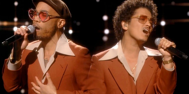 Anderson .Paak (left) and Bruno Mars (right) performed their song 'Leave The Door Open' as Silk Sonic on the Grammys on Sunday. (Photo by Theo Wargo/Getty Images for The Recording Academy)