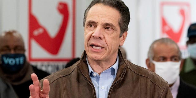 Gov. Andrew Cuomo speaks during a visit to a new COVID-19 vaccination site, Monday, March 15, 2021, at the State University of New York in Old Westbury, N.Y.