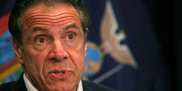 New York Governor Andrew Cuomo speaks at a press conference at his New York office on Wednesday, March 24, 2021.