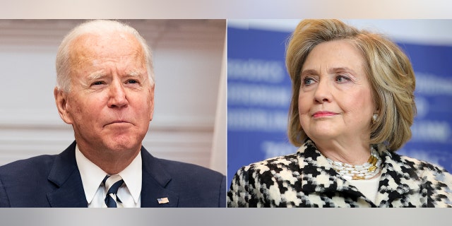 President Biden looks on during a virtual meeting with Mexican President Andrés Manuel López Obrador in the Roosevelt Room of the White House on March 1, 2021, in Washington. (Photo by Anna Moneymaker-Pool/Getty Images) | Former Secretary of State and First Lady Hillary Rodham Clinton speaks at the "Hillary" press conference during the 70th Berlinale International Film Festival Berlin at Grand Hyatt Hotel on Feb. 25, 2020, in Berlin, Germany. (Photo by Andreas Rentz/Getty Images)