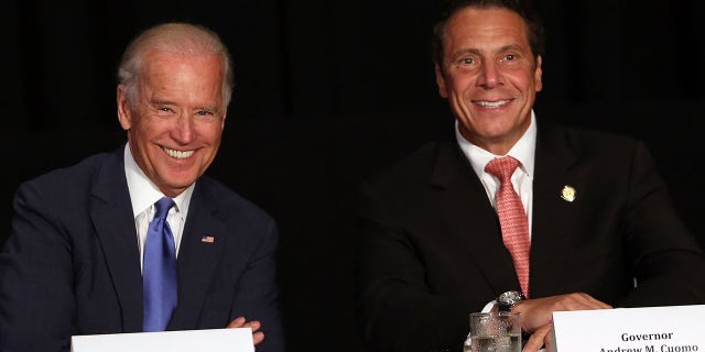Joe Biden, left, and Andrew Cuomo, seen July 27, 2015, in New York City, were the targets of some "SNL" jokes on Saturday night. (Getty Images)