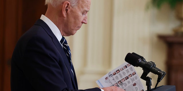 President Joe Biden speaks during the first formal press conference of his presidency in the East Room of the White House in Washington, D.C. on Thursday, March 25, 2021. (Photo by Oliver Contreras/Sipa USA) 