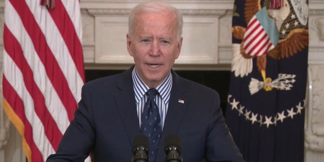 President Biden speaks at the White House on Saturday, March 6, 2021.