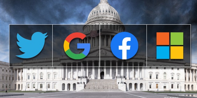 Big Tech company logos with the U.S. Capitol building in the background.