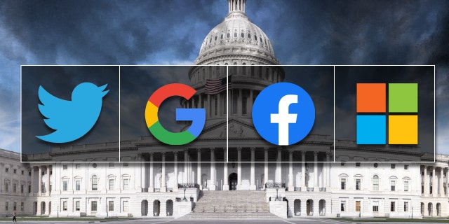 Big Tech company logos with the U.S. Capitol building in the background.