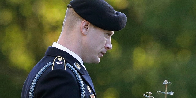 FILE - In this Nov. 3, 2017, file photo, Army Sgt. Bowe Bergdahl leaves the Fort Bragg courtroom facility during deliberations at a sentencing hearing in Fort Bragg, N.C. (AP Photo/Gerry Broome, File)
