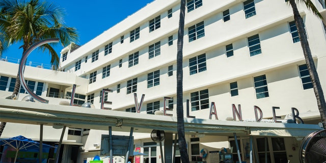 Miami Beach, Florida USA - March 4, 2019: Cityscape view of the classic art deco architecture of the Clevelander Hotel along popular Ocean Drive.