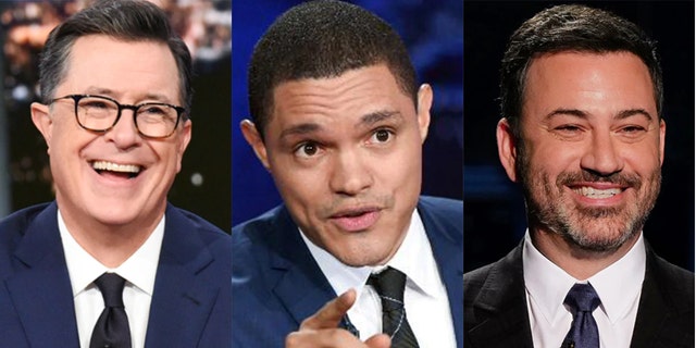 Liberal hosts like late night, like Stephen Colbert, left, Trevor Noah, middle and Jimmy Kimmel are "predictable," See Bill Maher.