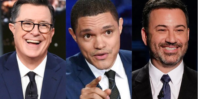 Anfitriões liberais da madrugada como Stephen Colbert, à esquerda, Trevor Noah, ao centro, e Jimmy Kimmel são seus "previsível," Bill Maher diz: