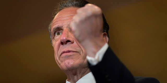 Andrew Cuomo closeup shot, left fist in air